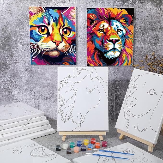Zhanmai 12 Pack Pre Drawn Canvas for Painting Sip and Paint Kit 8 x 10 Paint Party Set Canvas Painting Pre Printed Canvases for Party Favor DIY Virtual Adult's Date Night(Colorful Animals)