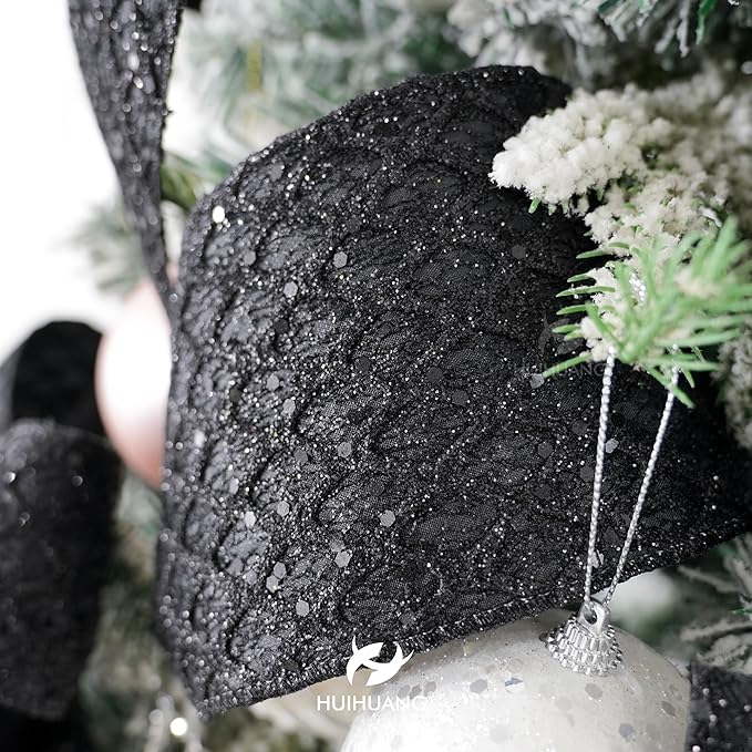 HUIHUANG Black Glitter Wired Ribbon 4 inch Black Christmas Tree Ribbon Diamond Mesh Wire Ribbon for Tree Decorations, Wreaths, Garland, Large Bows Making, Halloween Decor -10 Yards