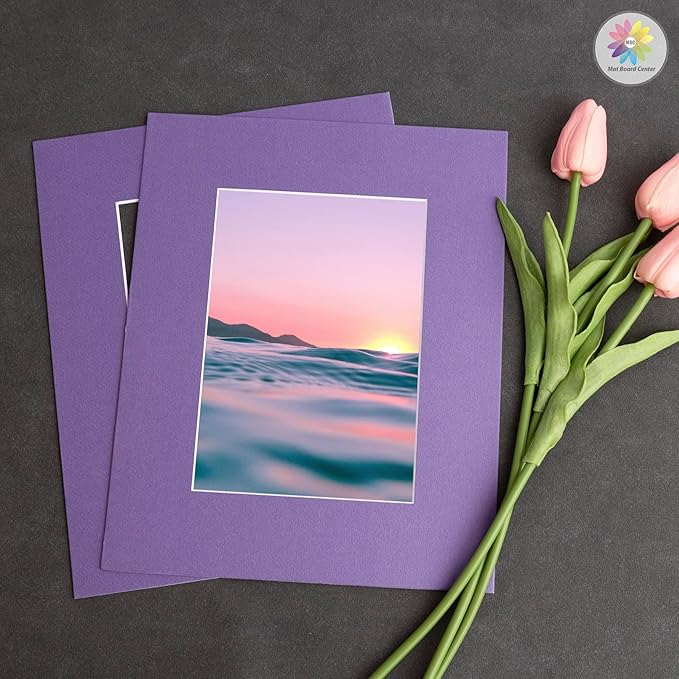 Mat Board Center, Pack of 10, 8x10 for 5x7 Purple Color Mats - Bevel Cut, Acid Free, 4-ply Thickness, White Core - for Pictures, Photos, Framing