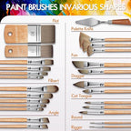 Fuumuui 26pcs Paint Brushes, Professional Acrylic Paint Brush Set Artists Complete Range of Sizes with Upgraded Short Handle Wide Flat & Palette Knife for Acrylic, Oil, Watercolor, Gouache
