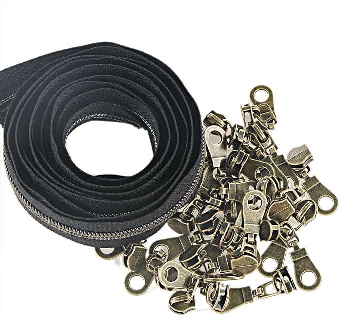 Leekayer #5 Antique Brass Metallic Nylon Coil Zippers by The Yard Bulk 10 Yards Black Zipper Tape with 25pcs Brass Sliders for DIY Sewing Tailor Craft Bag (Black)