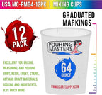 Pouring Masters 64 Ounce (2000ml) Graduated Plastic Mixing Cups (Box of 12) - Paint Mixing Cups for Epoxy Resin, Art, Kitchen, Baking - Measurements in OZ and ML, 4 Different Measuring Ratios 1:1