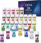 Ceya Holographic Chunky Glitter Set 28 Colors, 9.87oz/280g Craft Glitter Powder Mixed Chunky Fine Sparkle Flakes Each 15ml Iridescent Nail Sequins for Epoxy Resin Nail Art Tumbler Slime Festival Decor