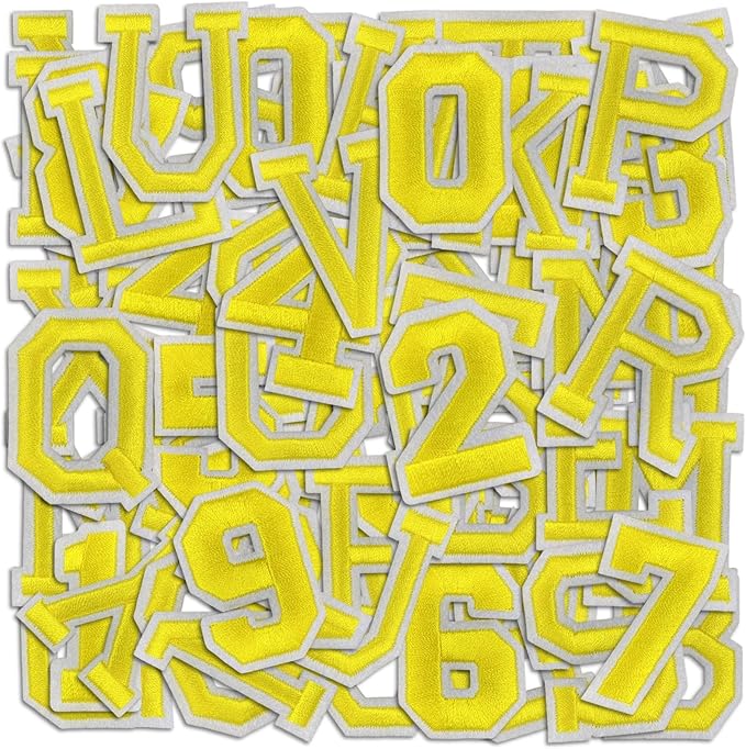 Letter and Number Iron On Patches, A-Z Alphabet and Numbers 0-9 Embroidery Applique Patch, DIY Decorative Heat Press Patches for Clothing Jeans Jackets Backpacks Hats (Yellow 72 Pcs)