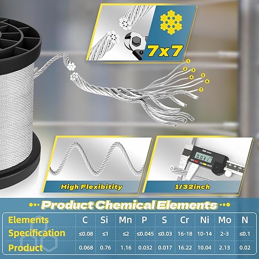 316 Stainless Steel Cable, 800FT 1/32IN Wire Rope with 200Pcs Aluminum Sleeves Stops, for String Lights Hanging, Clotheslines, Trellis Wire