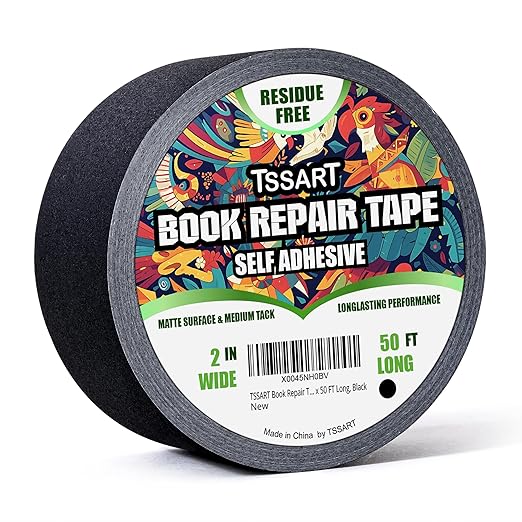 Book Repair Tape - Self Adhesive Matte Book Binding Tape for Reinforcing Protecting, and Covering Mending Books Old Books - 2 Inch Wide x 50 FT Long, Black
