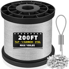 316 Stainless Steel Cable, 200FT 1/32IN Wire Rope with 50Pcs Aluminum Sleeves Stops, for String Lights Hanging, Clotheslines, Trellis Wire