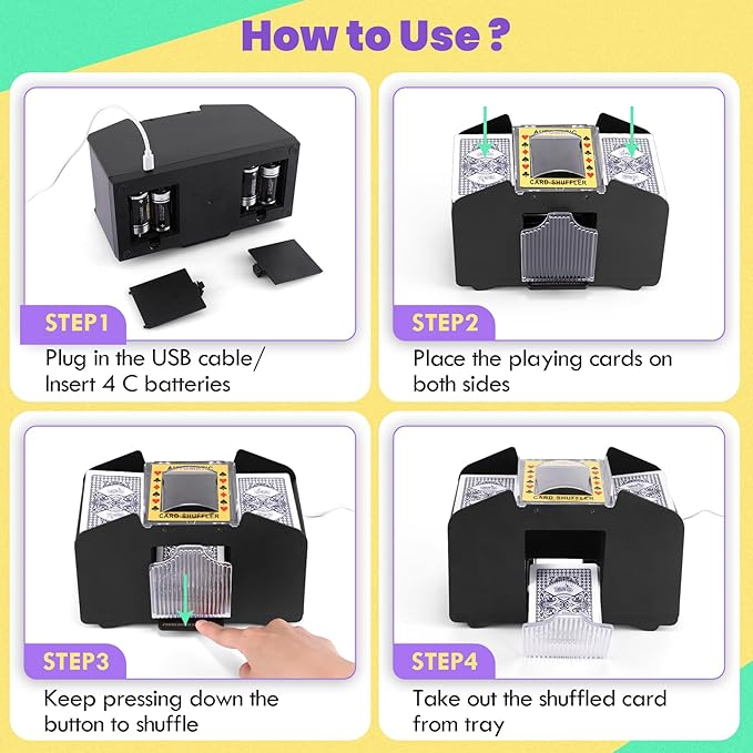 Card Shuffler 4 Deck Automatic, USB-Power & Battery-Operated Electric Shuffler Machine, Playing Card Shuffler for UNO,Poker,Home Card Games