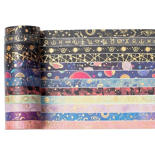 YUBX Skinny Galaxy Washi Tape Set 30 Rolls Gold Foil Decorative Starry Space Masking Tapes for Arts, DIY Crafts, Journals, Planners, Scrapbook, Wrapping