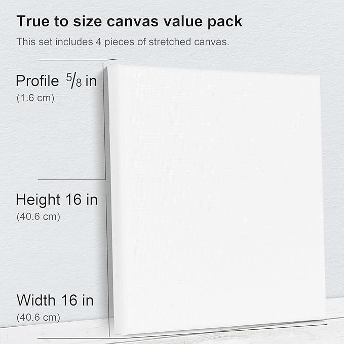 PHOENIX Stretched Canvas for Painting 16x16 Inch/4 Value Pack, 8 Oz Triple Primed 5/8 Inch Profile 100% Cotton White Blank Canvas, Square Framed Canvas for Oil Acrylic & Pouring Art