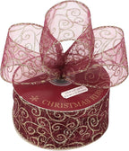 MEEDEE Red Gold Swirl Wired Ribbon 2.5 Inch Dark Red Sheer Ribbon with Gold Swirl Glitter Wired Ribbon Organza Sheer Ribbon 25 Yards Burgundy Sheer Christmas Ribbon for Christmas Tree, Wreath Bow