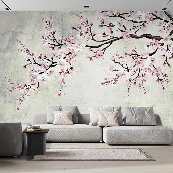 wall26 Large Wall Mural Watercolor Style Ink Painting Pink Cherry Blossom on Vintage Wall Background | Self-Adhesive Vinyl Wallpaper/Removable Modern Wall Decor - 132x120 inches