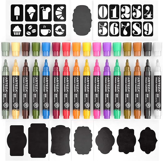 ARTEZA Pastel Liquid Chalk Markers, Set of 16, Tweezers, Labels, Stencils, Erasable, Water Based Pens for Chalkboards, Glass, Windows, and More