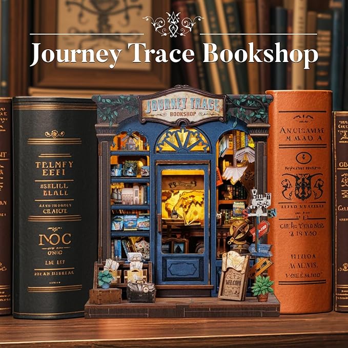 Fsolis Book Nook Kit, DIY Miniature Scene House Kit for Adults and Beginners Tiny House Mini Bookshop Model Bookshelf 3D Puzzles Nook Decor Gifts for Women Teenagers (Journey Trace Bookshop)