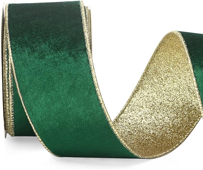 Ribbli Forest Green Velvet Wired Ribbon 2.5 Inch Green Velvet with Gold Glitter Christmas Ribbon for Christmas Tree Decoration Big Bow Gift Wrapping Crafts Wreaths Supplies- 10 Yards