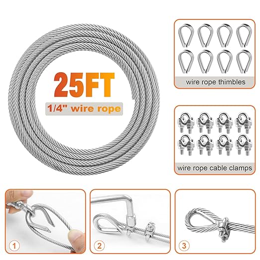 Stainless Steel Cable for Railing - 25FT 1/4" T316 Wire Rope with Clamps and Thimbles - 7 x 19 Strands 6700 LBS Breaking Strength for Outdoor Deck Railing Zipline