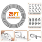 Stainless Steel Cable for Railing - 25FT 1/4" T316 Wire Rope with Clamps and Thimbles - 7 x 19 Strands 6700 LBS Breaking Strength for Outdoor Deck Railing Zipline