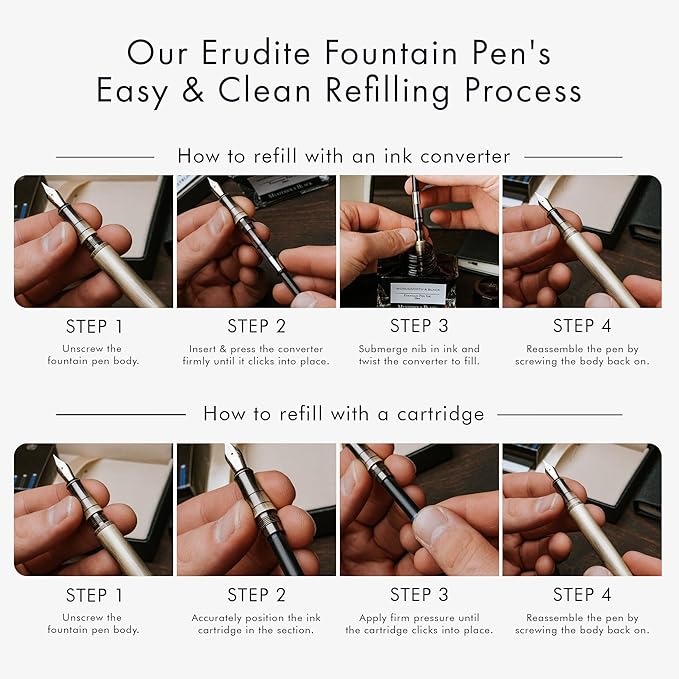 Wordsworth & Black Fountain Pen Set, Bent Nib, Includes 24 Pack Ink Cartridges, Ink Refill Converter & Gift Box, Chrome Finish, Calligraphy, [Black Chrome], Perfect for Men & Women