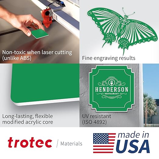 Trotec TroLase | 12"x12"x1/8", 8 Pcs | Bright Green/White | 2 Ply | Modified Acrylic | Laser Engraving Double Color Plastic Sheet | Engraving Blanks for Laser, Saw, Guillotine | Made in USA