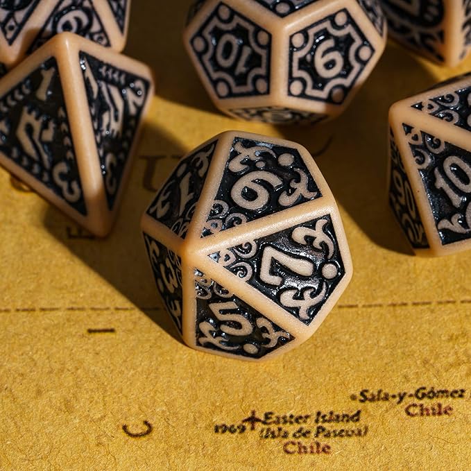 7-Die DND Dice Set New Pattern Polyhedral Dice Set with Leather Bag D&D Die for RPG Table Games(Brown Black)