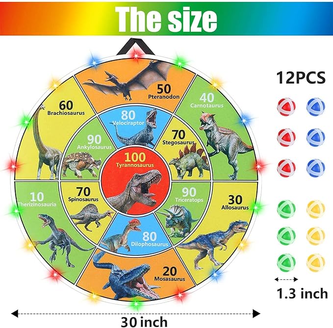 30 Inch LED Dart Board Kids Game,12PCS Sticky Balls,Indoor/Outdoor Sports Carnival Games Yard Party, Suitable for 3 4 5 6 7 8 9 10 Years Old Boys and Girls Birthday Gifts Dinosaur Toys