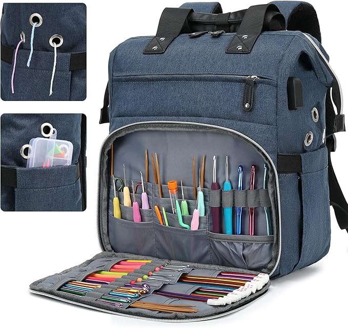 Crochet Backpack,Knitting Bag Backpack Yarn Storage Organizer Travel Crochet Bag with USB Charging Port,Large Yarn Tote Bag Yarn Holder Case for Knitting Needles,Crochet Hooks,Crochet Accessories,Blue