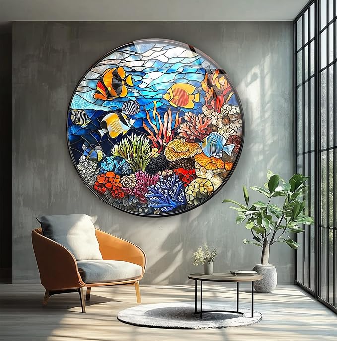 My Photostation.com 24''(60cm) Diameter Coral Reef Mosaic Round Glass Wall Art Tempered Glass Printing Wall Decor Large Wall Art Wall Hangings