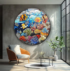 My Photostation.com 24''(60cm) Diameter Coral Reef Mosaic Round Glass Wall Art Tempered Glass Printing Wall Decor Large Wall Art Wall Hangings