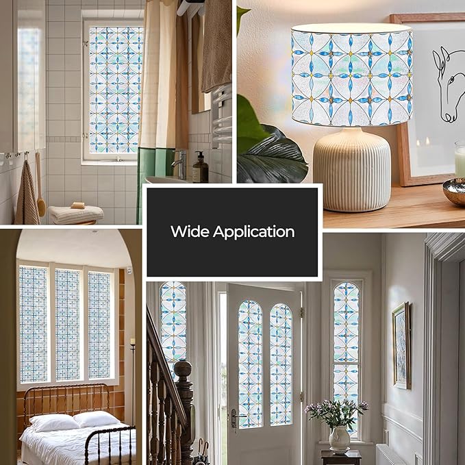 3D Stained Glass Window Film, Decorative Window Privacy Film for Bathroom,Front Door,Home, Sun Blocking Heat Control,Static Cling, Blue Tears 23.6inch x 35.4inch