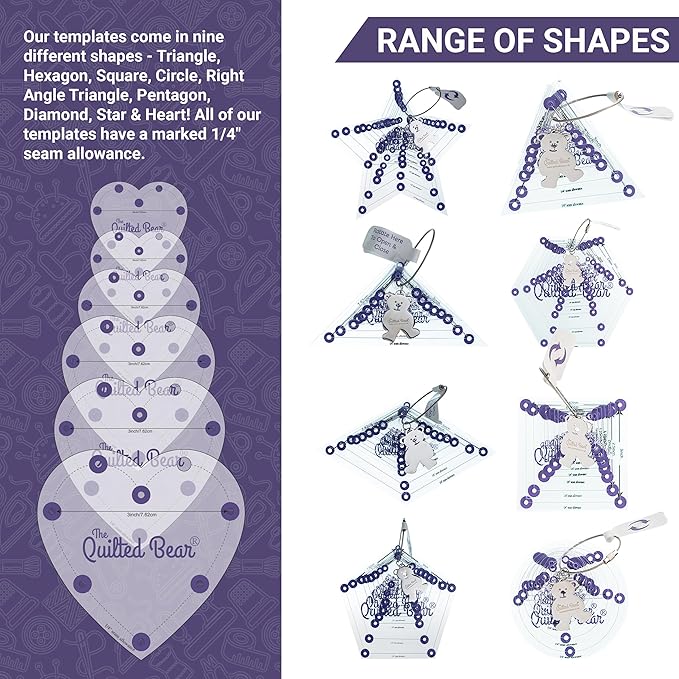 The Quilted Bear Pentagon Quilting Templates – 8 Clear Non-Slip Acrylic Quilt Templates for Precise Fabric Cutting & Stress-Free Machine Quilting - Ideal for Quilt & Sewing Supplies (¾–3")