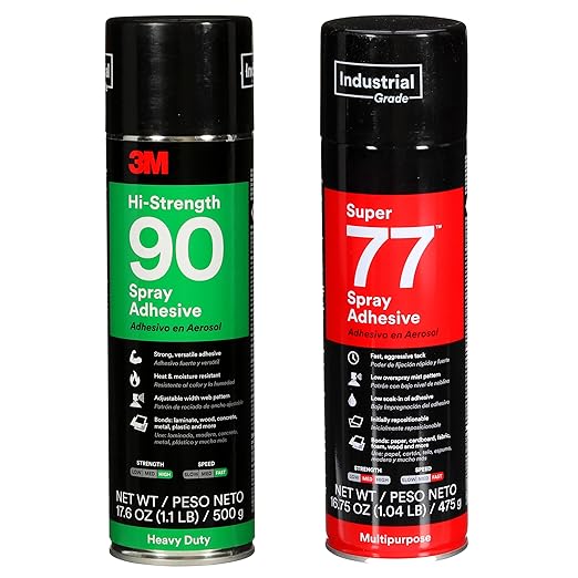 Bundle of 3M Hi-Strength 90 Spray Adhesive, Permanent + 3M Super 77 Multipurpose Permanent Spray Adhesive Glue, Paper, Cardboard, Fabric, Plastic, Metal, Wood