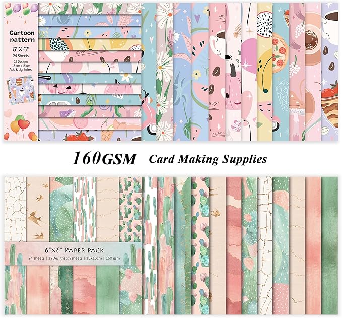 48 Sheets 24 Designs Scrapbook Paper Pad, 6"×6" Single-Sided Decopodge Craft Cardstock Paper,Scrapbooking DIY Decorative Background Cardmaking Supplies.Cactus&Cartoon