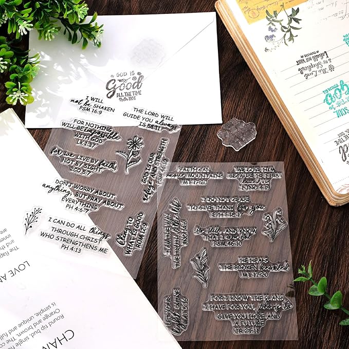 Whaline 4 Sheet Bible Verse Words Clear Stamps Christian God Jesus Silicone Transparent Stamps Border Stamp Cards for DIY Craft Card Making Scrapbooking Embossing Album Decor