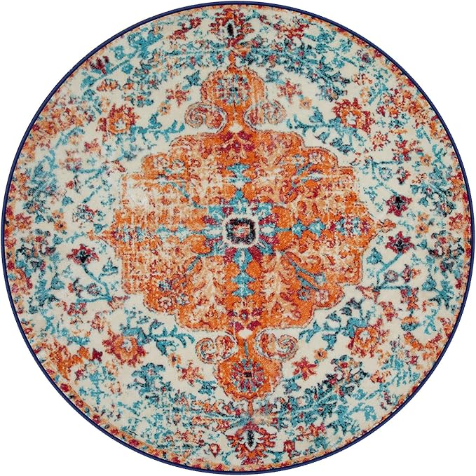 Lahome Bohemian Floral Medallion Round Rug - 6Ft Soft Rug for Living Room Washable Rug for Dining Room, Vintage Faux Wool Non Slip Cute Table Throw Carpet for Coffee Table Nursery Guest Room