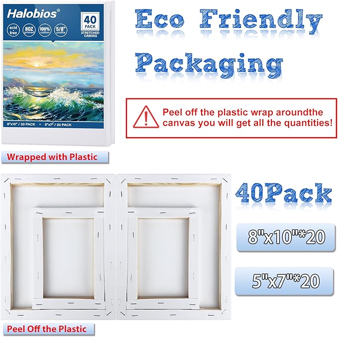 Blank Canvas for Painting, Bulk Pack of 40-8x10 inches, 5x7inch(20 of Each), 100% Cotton, Primed, 5/8 Inch Profile of Super Value Canvas Pack for Acrylics, Oils & Other Painting Media
