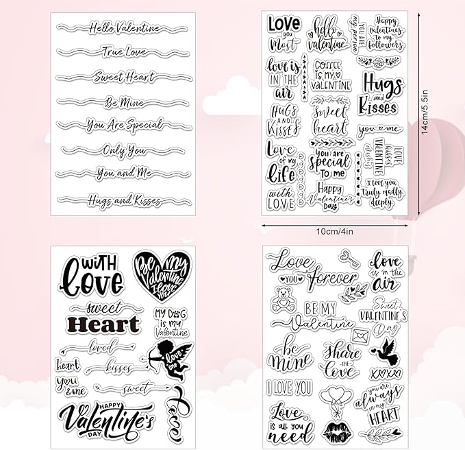 Whaline 4 Sheet Valentine's Day Words Clear Stamps Love Heart Silicone Transparent Stamps Border Stamp Cards for DIY Craft Card Making Scrapbooking Embossing Album Decor