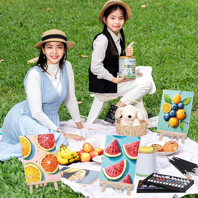 Cholemy 36 Pcs Paint and Sip Kit for Adults 8''x10'' Pre Drawn Canvas for Painting DIY Afro Acrylic Painting Kit Wood Easel Brushes Date Night Bulk for Christmas Party Gifts(Colorful Fruits)