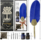 Quill pen ink set,Feather Pen and Ink Set,Antique Calligraphy Pen with 4 Replaceable Nibs,2 Bottle of ink,Feather Dip Pen Holder Christmas Gift for Men&Women.(Blue)