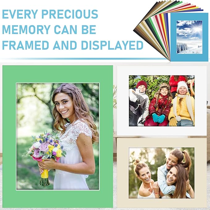 60 Pack Picture Mats 11 x 14 Inch Frame Mattes Matting with Acid Free Pre Cut Mattes White Core Bevel Cut Mats for 8 x 10 Pictures for Home Gallery Wall Hanging Art Decoration (Mixed Colors)
