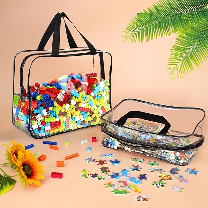 6 Packs Large Toy Storage Bags with Labels, Reusable Clear PVC Board Game Storage, Travel Waterproof Organizer Bags with Zipper for Building Blocks, Puzzle, Kids Books
