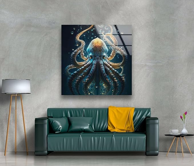My Photostation.com 30Wx35.5H'' Underwater Blue Octopus Glass Wall Art Tempered Glass Printing Wall Decor Large Wall Art Wall Hangings