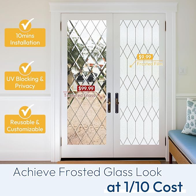 rabbitgoo Window Privacy Film for Glass Windows, Frosted Glass Cling with Decorative Moroccan Lattice, Removable Heat Control Sun Blocking Door Covering Sticker for Home Bathroom, 11.8 x 157.4 inches