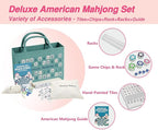 American Mahjong Tile Set – Complete 166 Tiles with Deluxe Accessories, 4 Racks, 100 Colorful Chips, Instruction Book & 1+3 Mahjong-Themed Storage Bags, Portable Mahjong Set for Family Fun & Holidays