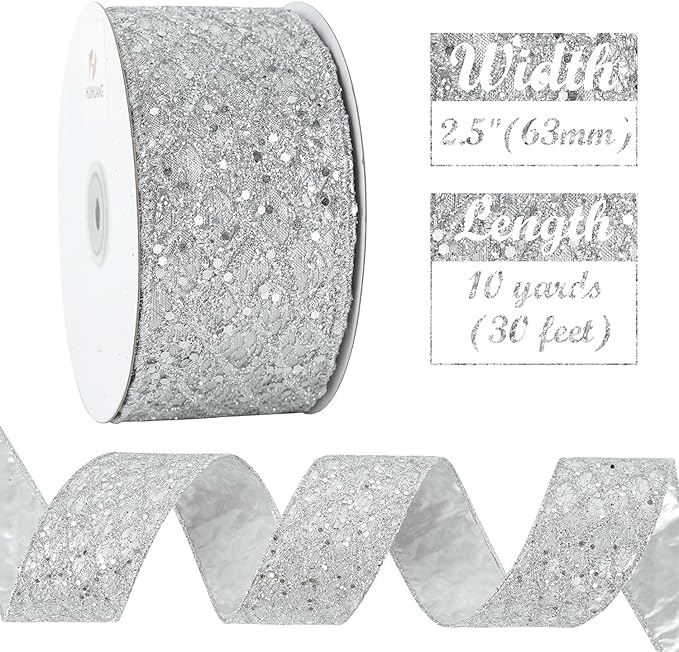 HUIHUANG Silver Glitter Wired Ribbon for Christmas Tree 2.5 inch Silver Diamond Mesh Ribbon for Tree Decoration, Wreaths, Garland, Gift Wrapping, Large Bows Making, Home Decor -10 Yards
