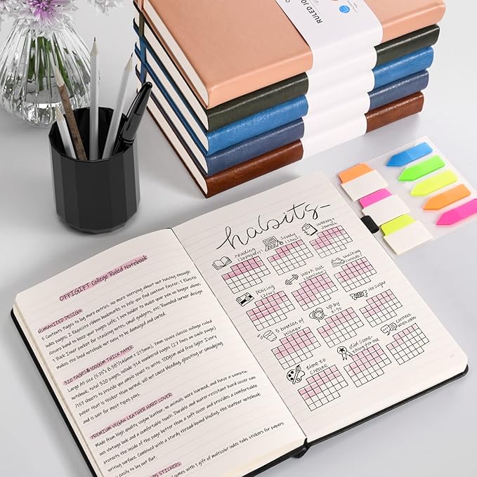 Lined Journal Notebook, Large A5 College Ruled Notebook, 312 Numbered Pages Work Notebook with Index Stickers, 100gsm Thick Paper, Hardcover Vegan Leather Journal for Women Men School Office, Black