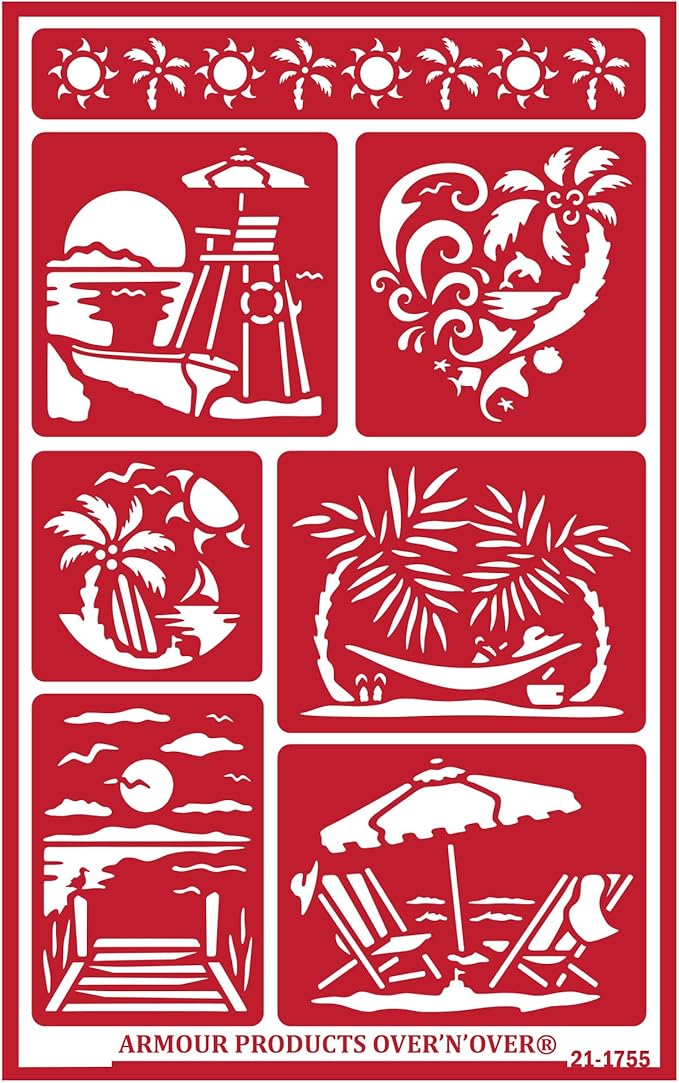 Over'N'Over Reusable Glass Etching Stencils – Durable Self-Stick Designs for Glass, Mirrors, and Ceramics with Armour Etch Cream – 5” x 8” Stencil Sheet - Seaside Paradise