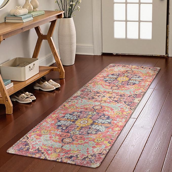 Lahome Bohemian Washable Runner Rugs with Rubber Backing, 2x7 Runners for Hallways, Vintage Floral Soft Non Slip Non-Shedding Faux Wool Stair Carpet Runner for Bathroom Kitchen Laundry, Fuchsia/Multi