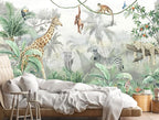 Kids Wallpaper Tropical Leves and Safari Animals Wall Mural for Wall Bedroom Living Room TV Background Sofa Wall（Not Peel and Stick）