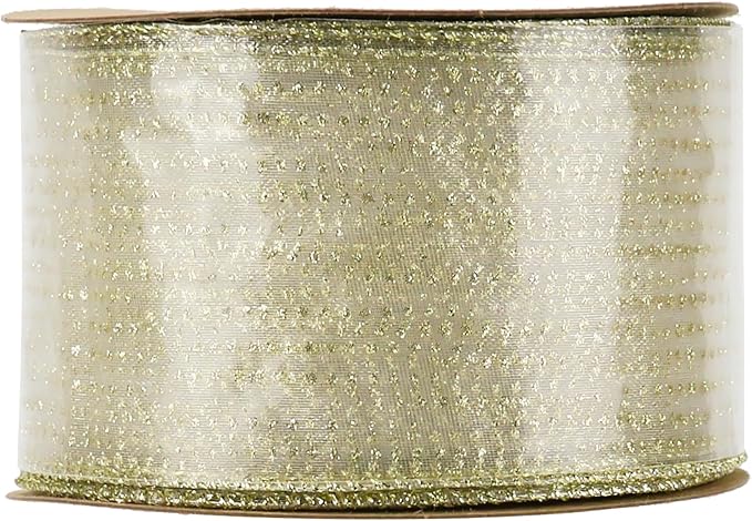 MEEDEE Glitter Gold Wired Ribbon 2.5 Inch Horizontal Stripes Polka Dot Christmas Ribbon Organza Sheer Glitter 25 Yards Gold for Christmas Tree, Wreath Bow Making