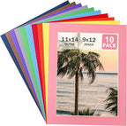 HOTUO 10 Pack Acid Free Colorful Picture Frame Mats, Pre-Cut 11x14 Picture Mats with Ivory Core Bevel Cut for 9x12 Photo, Signature Friendly 4 Ply Thickness Photo Mat for Frames.
